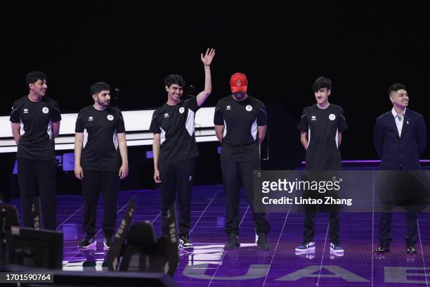 Utd Arab Emirates Esports players participate in the League of Legends Group C Match against team Maldives during the Hangzhou 2022 Asian Games at...