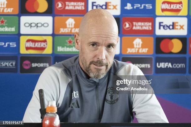 Head coach Erik ten Hag of Manchester United speaks during a press conference ahead of UEFA Champions League week 2 football match between...