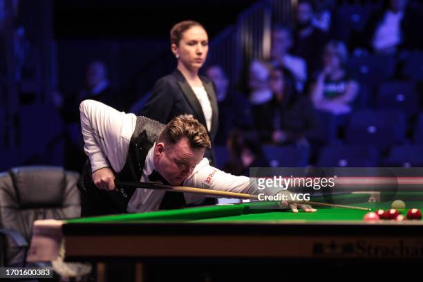 Shaun Murphy of England plays a shot in the first round match against Rebecca Kenna of England on day one of the 2023 Cazoo British Open at the...