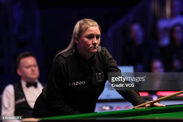 Rebecca Kenna of England reacts in the first round match against Shaun Murphy of England on day one of the 2023 Cazoo British Open at the Centaur on...