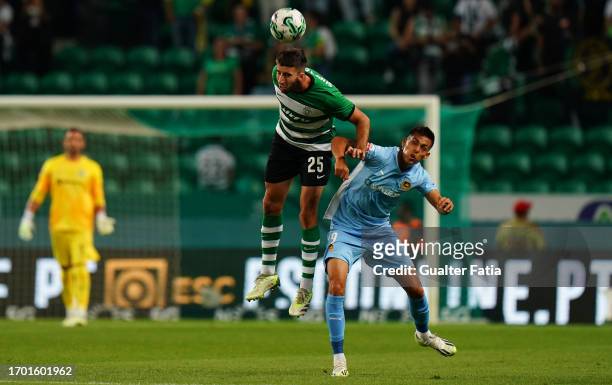 Goncalo Inacio of Sporting CP with Leonardo Ruiz of Rio Ave FC in action during the Liga Portugal Betclic match between Sporting CP and Rio Ave FC at...