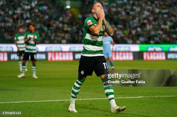 Nuno Santos of Sporting CP reaction after missing a goal opportunity during the Liga Portugal Betclic match between Sporting CP and Rio Ave FC at...