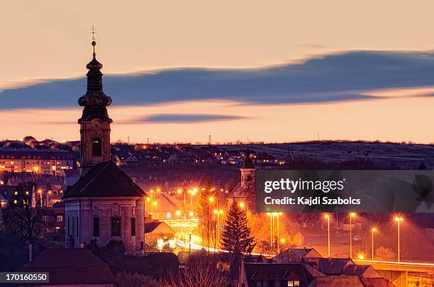 eger old town view in night - eger hungary stock pictures, royalty-free photos & images