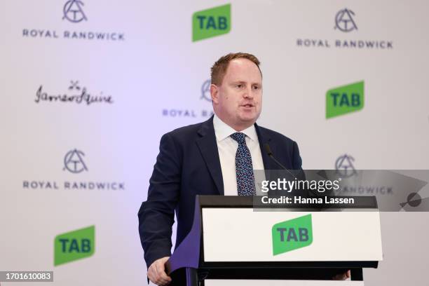 Daniel Meers speaks during the Epsom Barrier Draw at Royal Randwick Racecourse on September 26, 2023 in Sydney, Australia.
