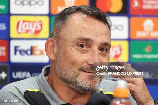 Lens' French head coach Franck Haise holds a press conference at the Bollaert stadium, on October 2 on the even of the UEFA Champions League group B...