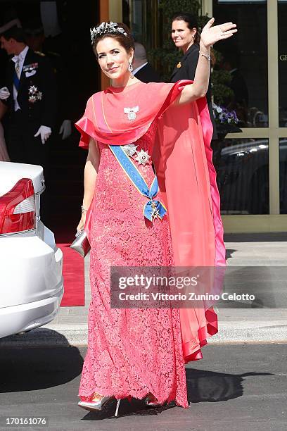 Princess Mary of Denmark departs The Grand Hotel to attend the wedding of Princess Madeleine of Sweden and Christopher O'Neill hosted by King Carl...