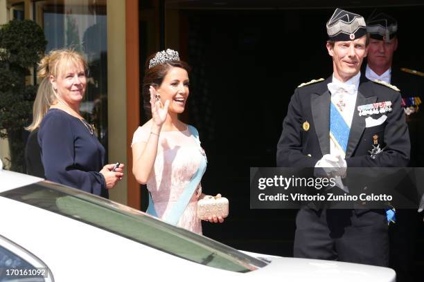 Princess Marie of Denmark and Prince Joachim of Denmark depart The Grand Hotel to attend the wedding of Princess Madeleine of Sweden and Christopher...