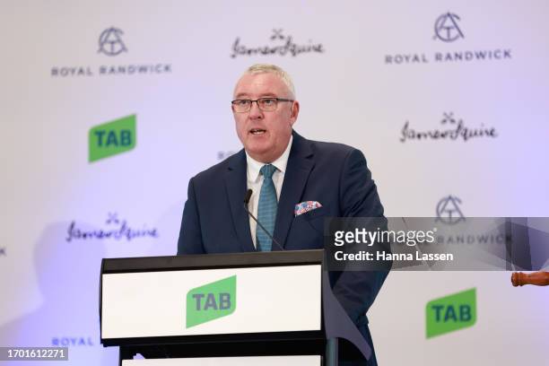 Greg Radley speaks during the Epsom Barrier Draw at Royal Randwick Racecourse on September 26, 2023 in Sydney, Australia.