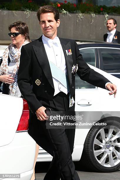 Crown Prince Pavlos of Greece departs The Grand Hotel to attend the wedding of Princess Madeleine of Sweden and Christopher O'Neill hosted by King...