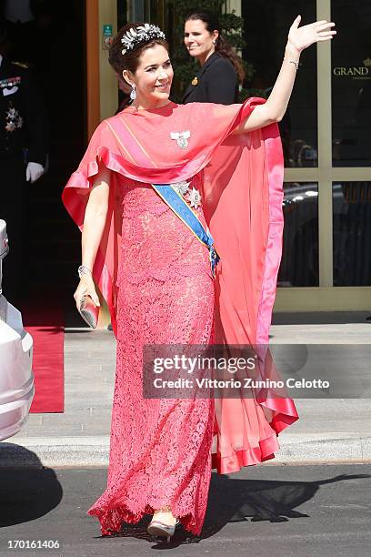Princess Mary of Denmark departs The Grand Hotel to attend the wedding of Princess Madeleine of Sweden and Christopher O'Neill hosted by King Carl...