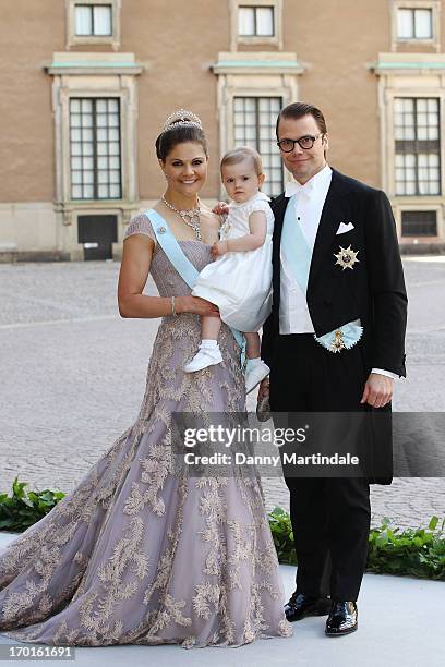 Crown Princess Victoria of Sweden, Princess Estelle of Sweden and Prince Daniel of Sweden attend the wedding of Princess Madeleine of Sweden and...