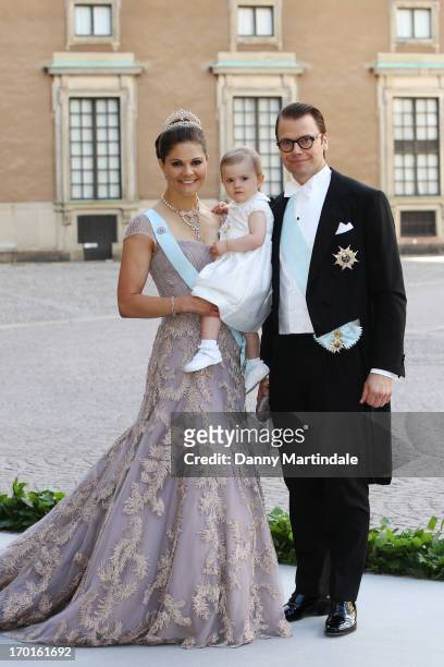 Crown Princess Victoria of Sweden, Princess Estelle of Sweden and Prince Daniel of Sweden attend the wedding of Princess Madeleine of Sweden and...