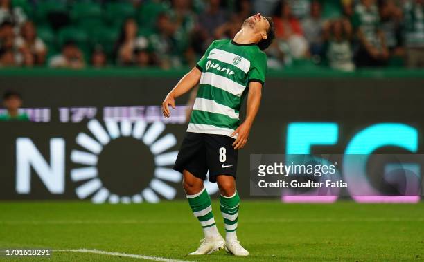 Pedro Goncalves of Sporting CP reaction after missing a goal opportunity during the Liga Portugal Betclic match between Sporting CP and Rio Ave FC at...