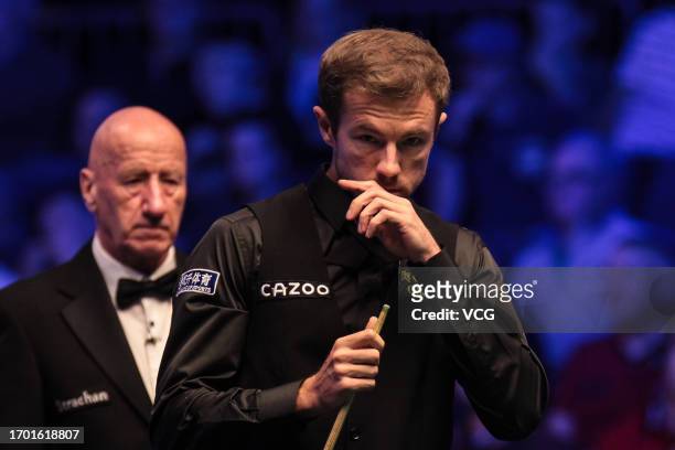 Jack Lisowski of England reacts in the first round match against Joe O'Connor of England on day one of the 2023 Cazoo British Open at the Centaur on...