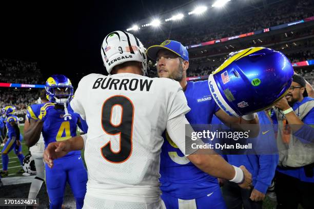 Matthew Stafford of the Los Angeles Rams congratulates Joe Burrow of the Cincinnati Bengals after the game at Paycor Stadium on September 25, 2023 in...