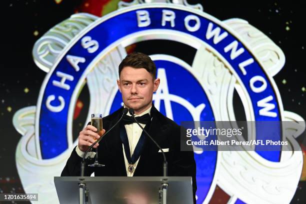 Lachie Neale of the Lions gives a speech after being awarded with the Brownlow Medal during the 2023 Brownlow Medal at The Gabba on September 25,...