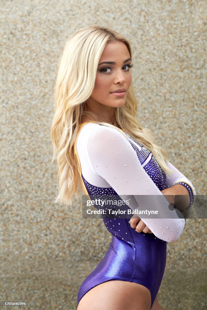 Portrait of gymnast Olivia Livvy Dunne posing during a photo shoot at