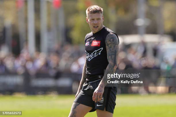 Jordan De Goey of the Magpies looks on during a Collingwood Magpies AFL training session at AIA Centre on September 26, 2023 in Melbourne, Australia.