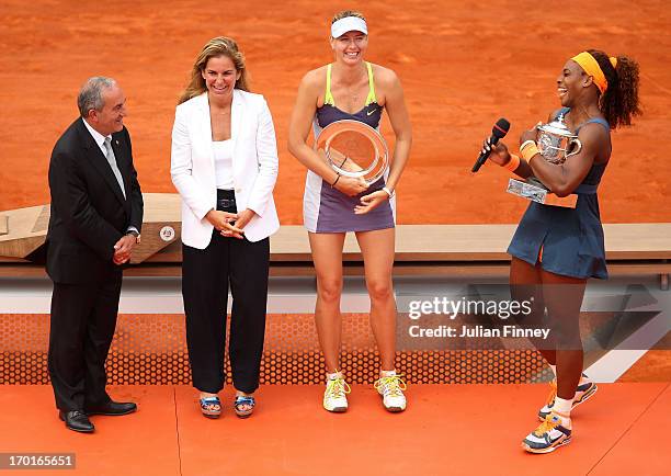 Serena Williams of United States of America talks as she is presented with the Coupe Suzanne Lenglen after victory in the Women's Singles Final match...