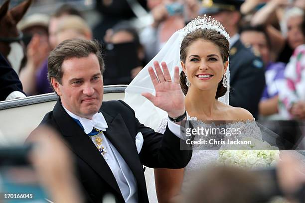 Christopher O'Neill and Princess Madeleine of Sweden are taken by horse and carriage from the Royal Palace of Stockholm to Riddarholmen after the...