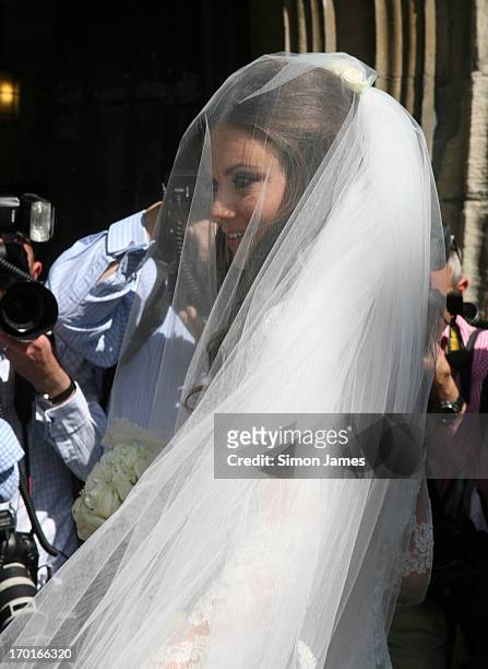 Natasha Rufus is pictured arriving for her wedding to Rupert Finch on June 8, 2013 in Gloucester, England.