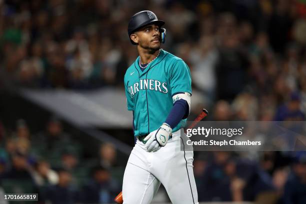 Seattle Mariners center fielder Julio Rodriguez reacts after striking out against the Houston Astros during the sixth inning at T-Mobile Park on...