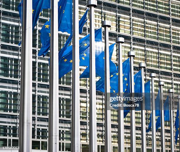 flags in front of the european commission, brussels - united front for democracy stock pictures, royalty-free photos & images