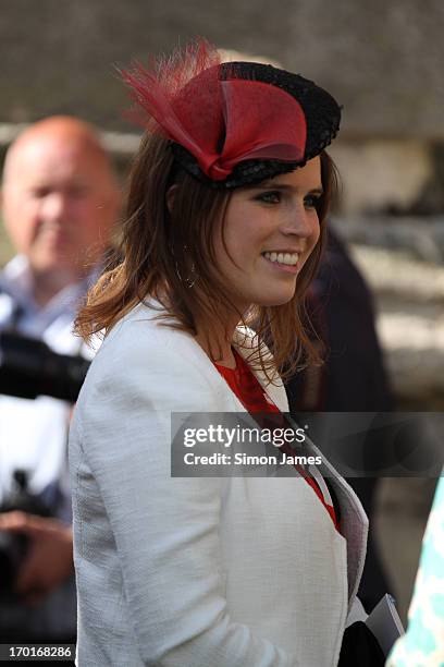 Princess Eugenie leaves the wedding of Rupert Finch And Natasha Rufus on June 8, 2013 in Gloucester, England.