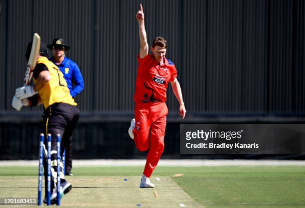 Brendan Doggett of South Australia celebrates taking the wicket of D'Arcy Short of Western Australia during the Marsh One Day Cup match between South...
