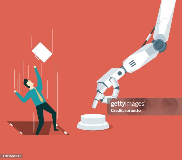 pushing fired button - businessman - process automation abstract stock illustrations