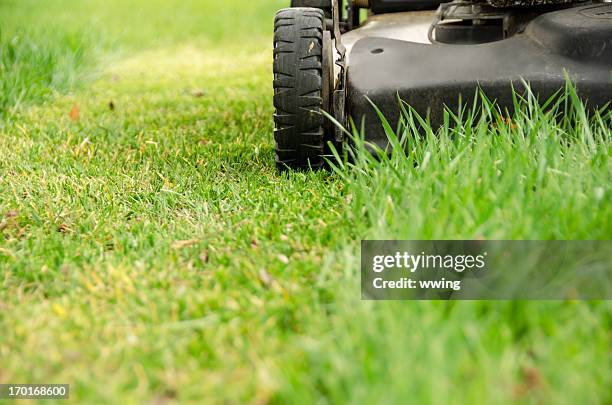 rasenmäher mähen und frühling - mowing lawn stock-fotos und bilder