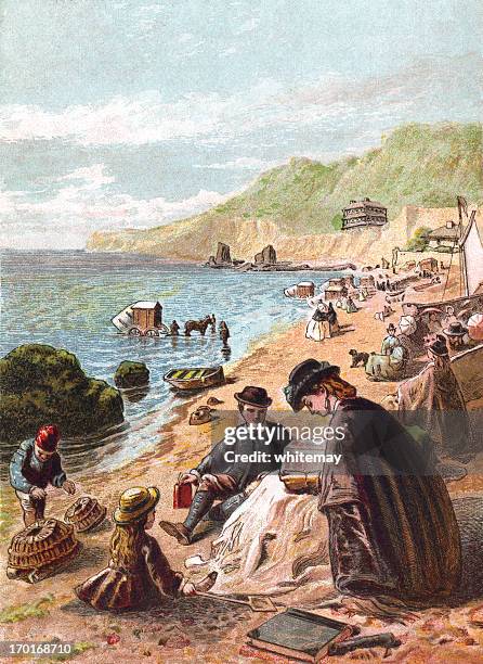 july - victorians at the seaside - beach hut stock illustrations