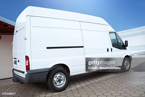 white van on parking lot is waiting for next order - truck side door stock pictures, royalty-free photos & images