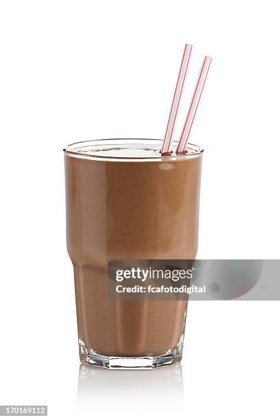 chocolate milkshake glass against white background - glass of milk stock pictures, royalty-free photos & images