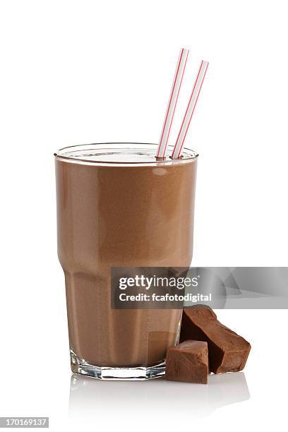 chocolate milk shake smoothie on white background - protein drink stock pictures, royalty-free photos & images