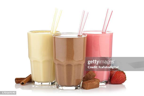 a cinnamon, chocolate, and strawberry smoothie - smoothie stock pictures, royalty-free photos & images