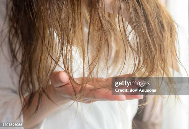 cropped shot view of woman hand with her damaged split ended hair. - frizzy stock pictures, royalty-free photos & images