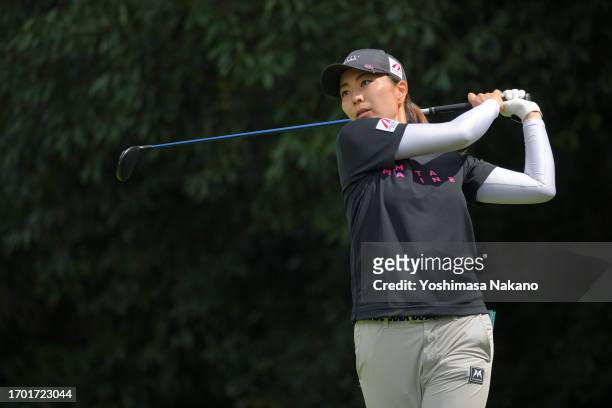 Mayu Hattori of Japan hits her tee shot on the 7th hole during the first round of Sky Ladies ABC Cup at ABC Golf Club on September 26, 2023 in Kato,...