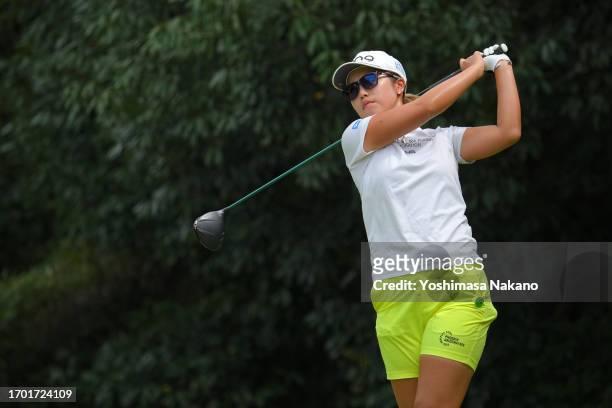 Nanako Ueno of Japan hits her tee shot on the 7th hole during the first round of Sky Ladies ABC Cup at ABC Golf Club on September 26, 2023 in Kato,...
