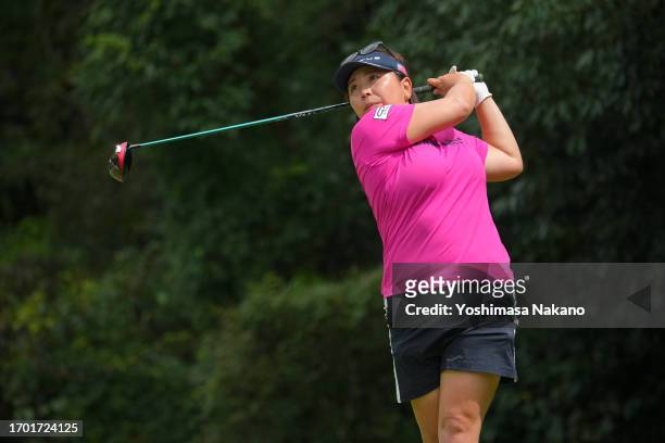 Yumiko Yoshida of Japan hits her tee shot on the 7th hole during the first round of Sky Ladies ABC Cup at ABC Golf Club on September 26, 2023 in...
