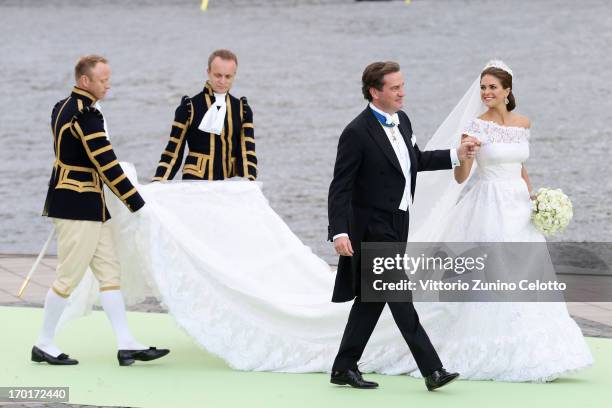 Christopher O'Neill and Princess Madeleine of Sweden depart for the banquet after the wedding ceremony of Princess Madeleine of Sweden and...