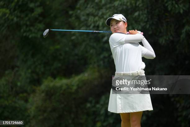 Junna Okuyama of Japan hits her tee shot on the 7th hole during the first round of Sky Ladies ABC Cup at ABC Golf Club on September 26, 2023 in Kato,...