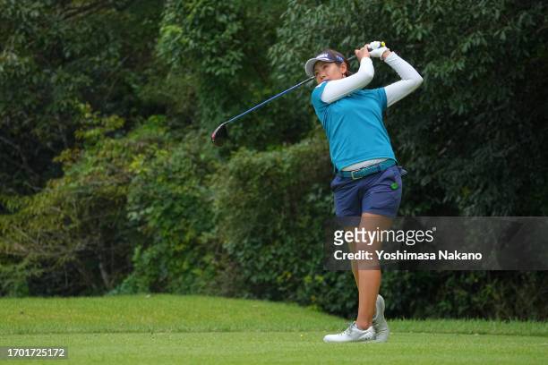 Maiko Wakabayashi of Japan hits her tee shot on the 7th hole during the first round of Sky Ladies ABC Cup at ABC Golf Club on September 26, 2023 in...