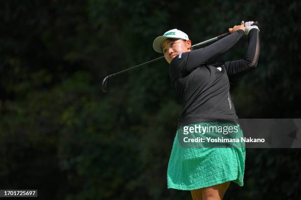 Runa Ikegaya of Japan hits her tee shot on the 7th hole during the first round of Sky Ladies ABC Cup at ABC Golf Club on September 26, 2023 in Kato,...