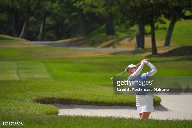 Minami Takaku of Japan hits her third shot on the 6th hole during the first round of Sky Ladies ABC Cup at ABC Golf Club on September 26, 2023 in...