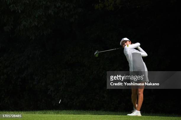 Anna Hoshino of Japan hits her tee shot on the 7th hole during the first round of Sky Ladies ABC Cup at ABC Golf Club on September 26, 2023 in Kato,...