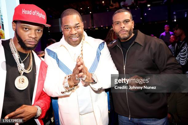 Papoose, Busta Rhymes, and Benny Boom attend a celebration of Busta Rhymes musci career on September 25, 2023 in New York City.
