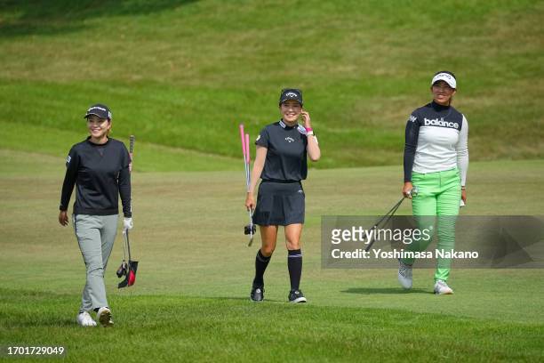 Akira Yamaji, Hikari Fujita and Karin Takeyama of Japan walk on the 18th hole during the first round of Sky Ladies ABC Cup at ABC Golf Club on...