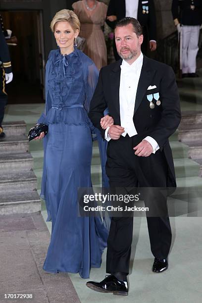 Swedish model Vicky Andren and Gustaf Magnuson depart from the wedding ceremony of Princess Madeleine of Sweden and Christopher O'Neill hosted by...