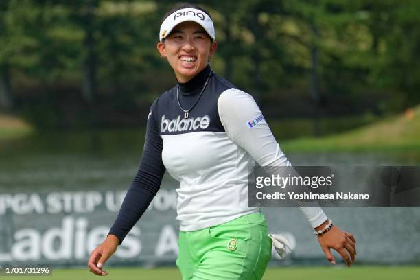 Karin Takeyama of Japan smiles after holing out on the 18th green during the first round of Sky Ladies ABC Cup at ABC Golf Club on September 26, 2023...